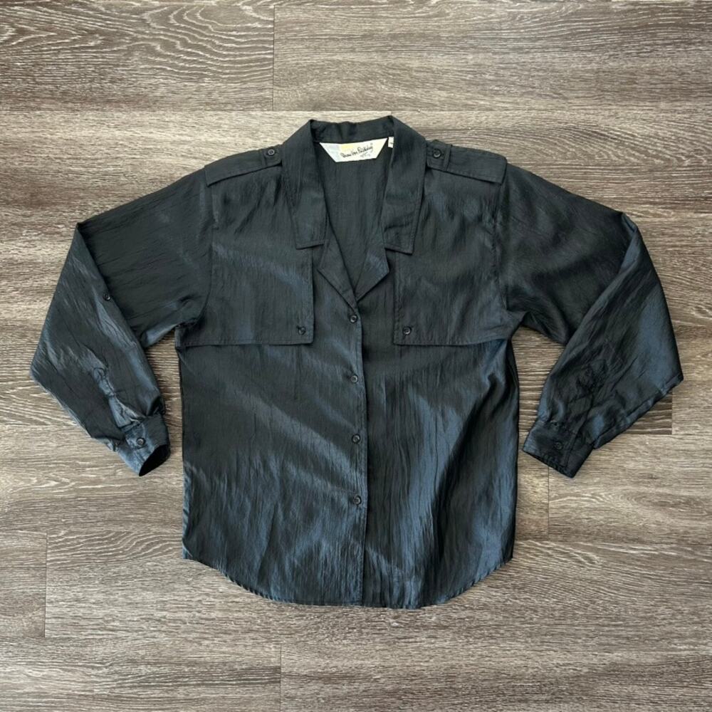 Vintage DVF Black Utility‎ Blouse Size 10 Petite Button Down Top Y2K Minimalist